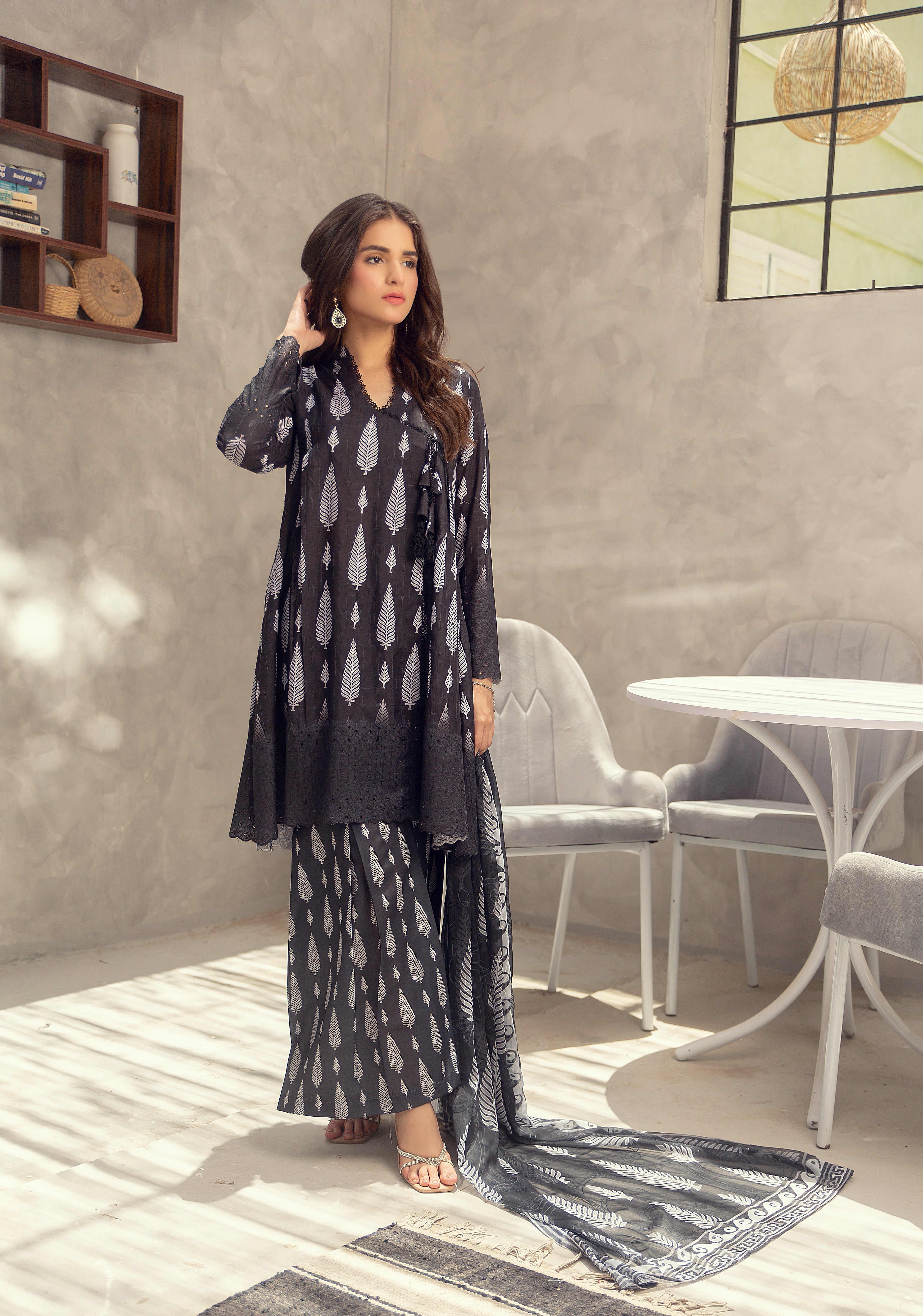 Black Chikan Angrakha - 3 Piece Embroidered Suit